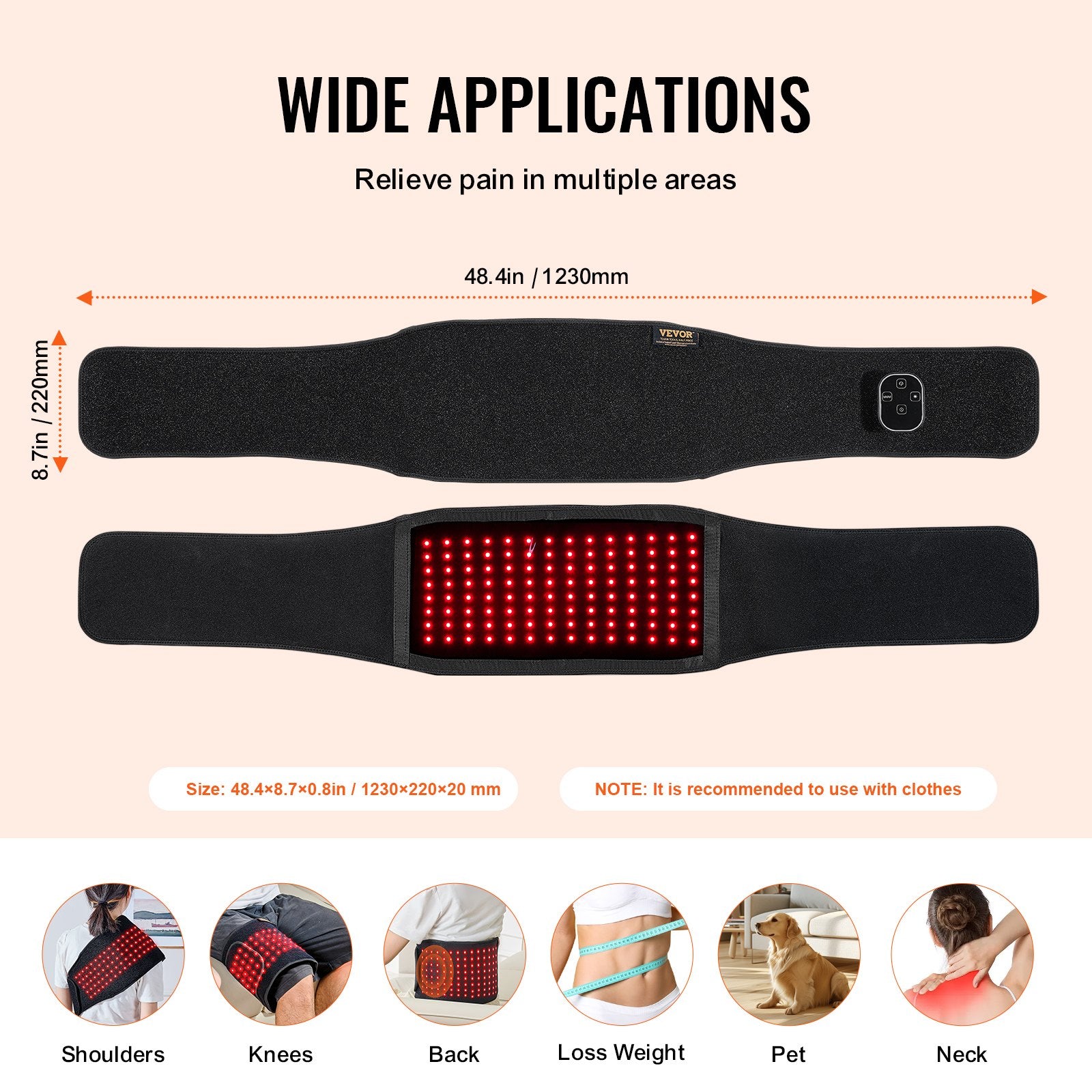 Red Light Therapy Belt For Waist, 660nm & 850nm Red Light Therapy Pad With Timer, 112 LEDs, 3-Level Vibration & 3 Intensities, Cordless Light Therapy Wrap Device For Shoulder Knees Pain Relief