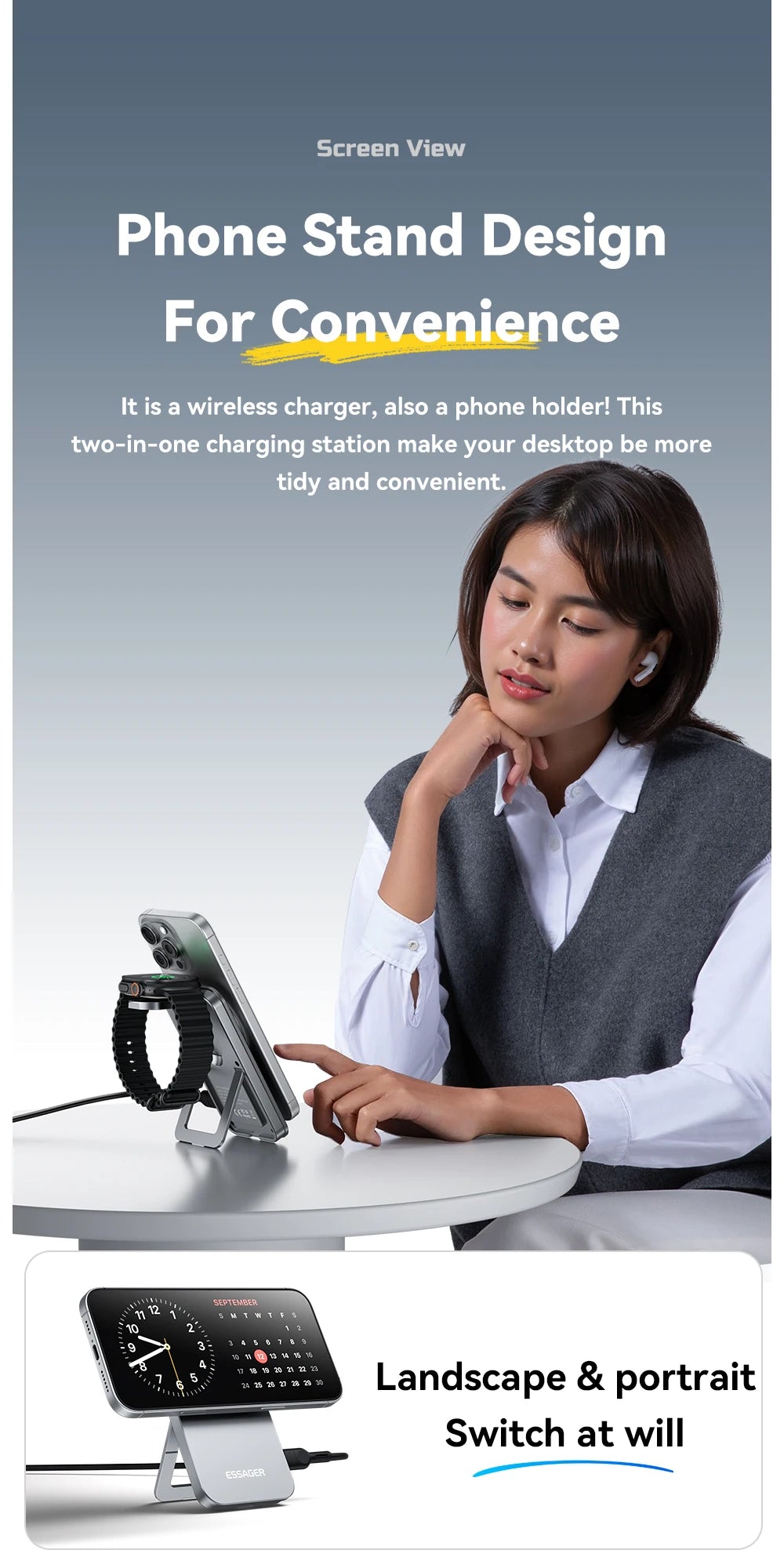 EssayerQi2 Magnetic Wireless Charger Stand Pad For Magsafe iPhone 16 15 14 13 Airpods  iWatch Foldable Fast Charging Station