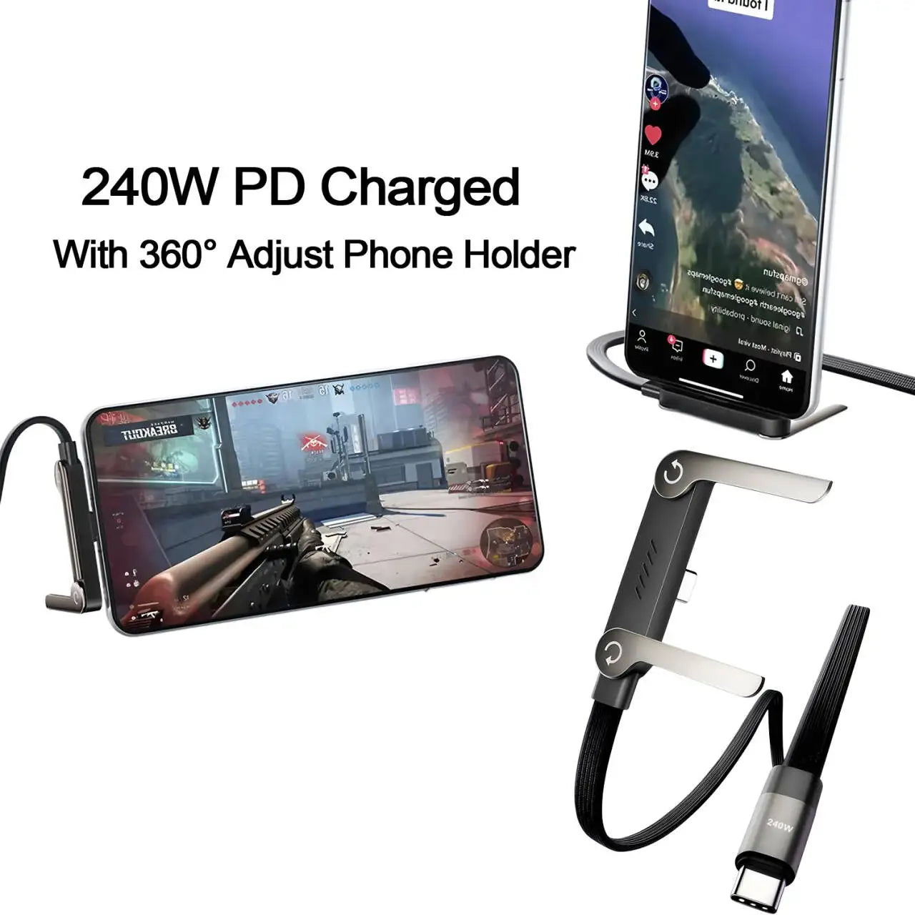 240W Stand Charging Cable, 2-in-1 with Phone Holder for Gaming/Videos, Compatible with iPhone 15-17 & Huawei