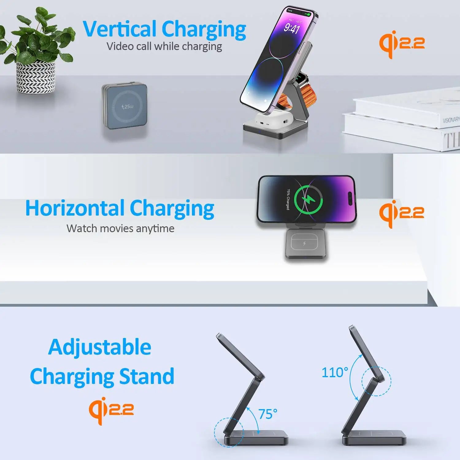 Qi1/Qi2.2 Foldable 3-in-1 Magnetic Wireless Charging Station for iPhone 12~17 Series AirPods iWatch Portable Travel Charger