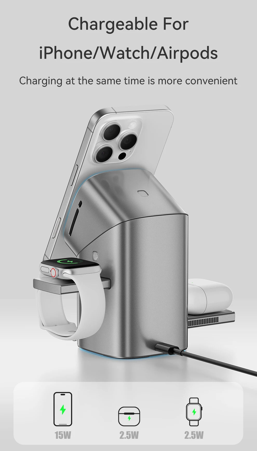 MAXCO Qi2 Magnetic Wireless Charger Fast Charger 3-in-1 Intelligent Fast Charging 15W for IPhone 15/16/17 for Iwatch & AirPods