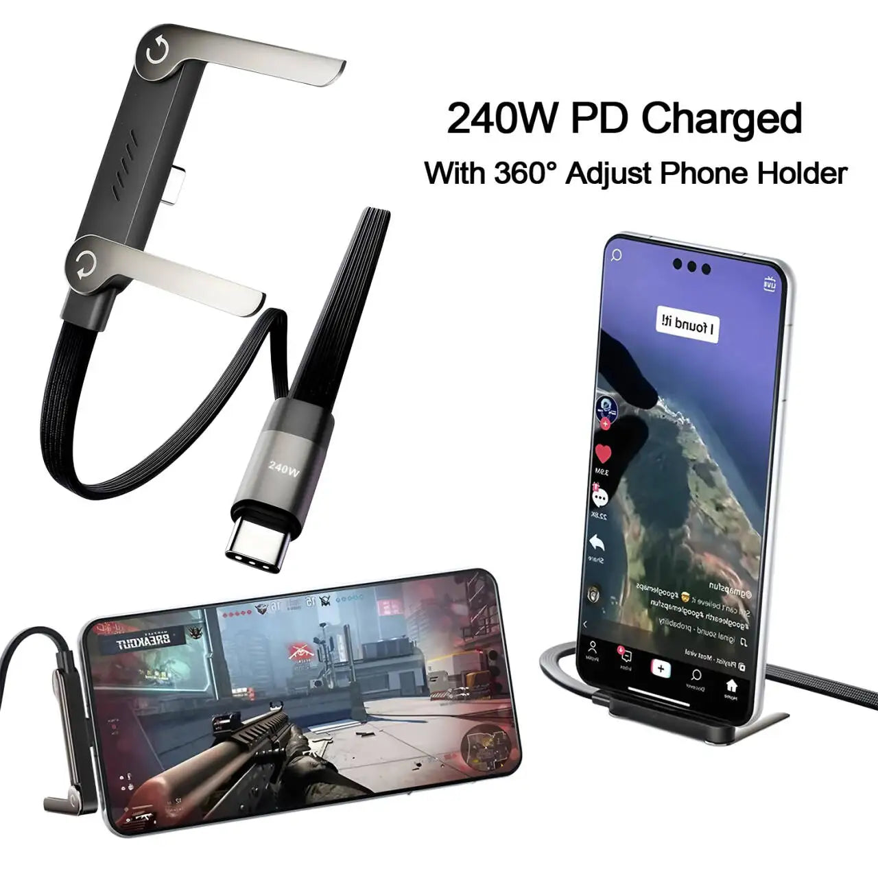 240W Stand Charging Cable, 2-in-1 with Phone Holder for Gaming/Videos, Compatible with iPhone 15-17 & Huawei