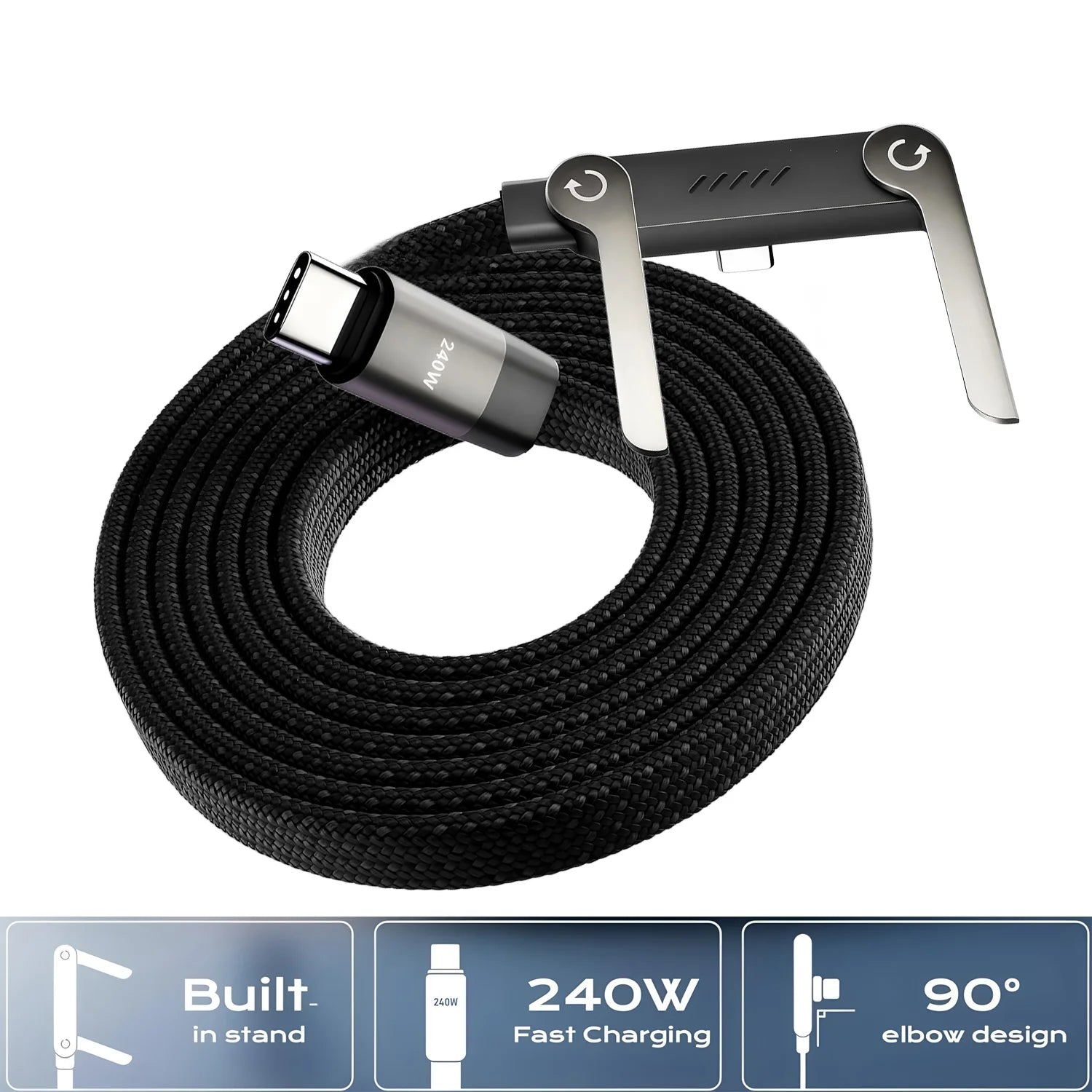 240W Stand Charging Cable, 2-in-1 with Phone Holder for Gaming/Videos, Compatible with iPhone 15-17 & Huawei