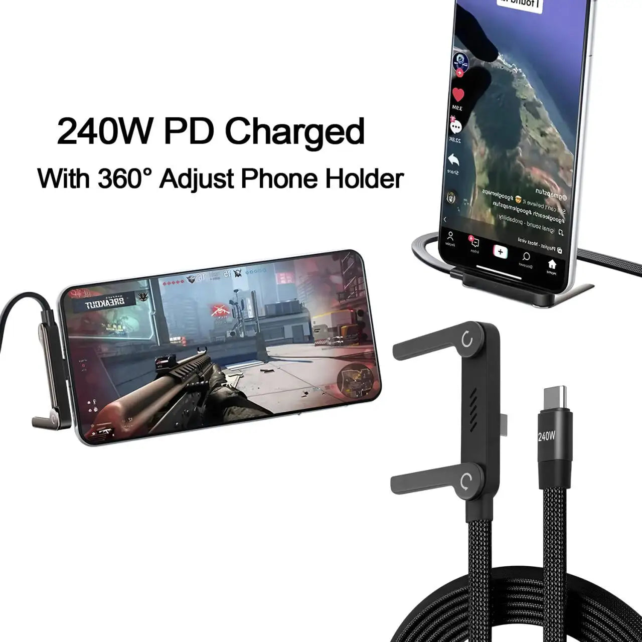 240W Stand Charging Cable, 2-in-1 with Phone Holder for Gaming/Videos, Compatible with iPhone 15-17 & Huawei