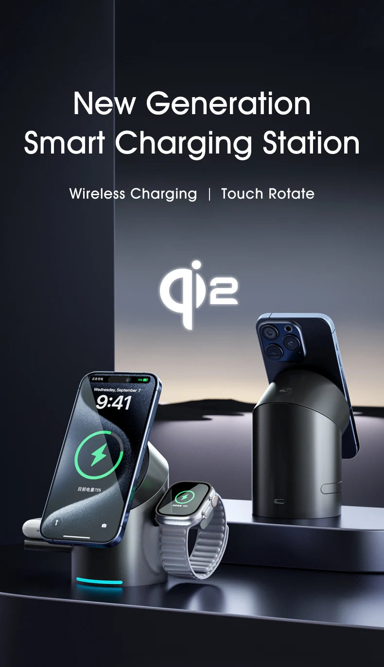New Truly Qi2 3 In 1 Magnetic Touch Button Wireless Charger For Android iPhone iWatch Airpods Magsafe Fast Charging Dock Station
