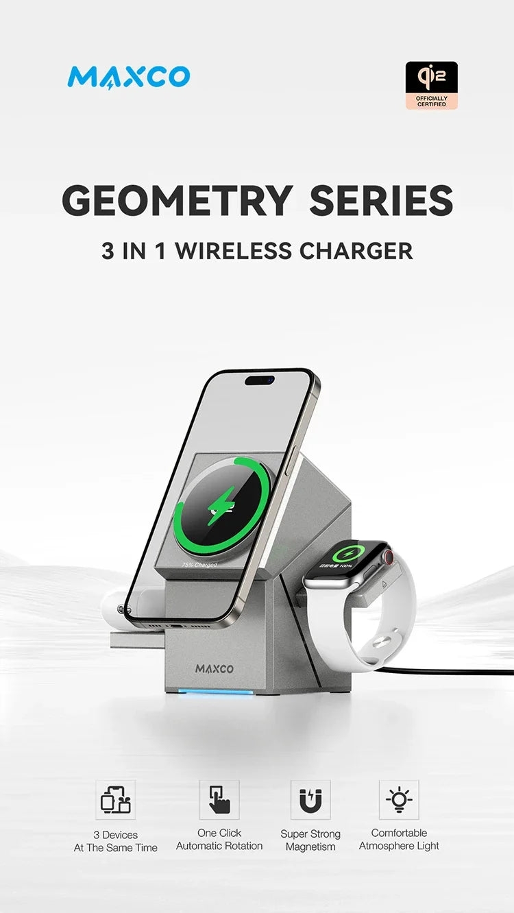 Qi2 3 in 1 Wireless Charger with Auto-Rotating Magic Cube Dock for IPhone 16/15/14 Pro Max, AirPods and IWatch Fast Charging