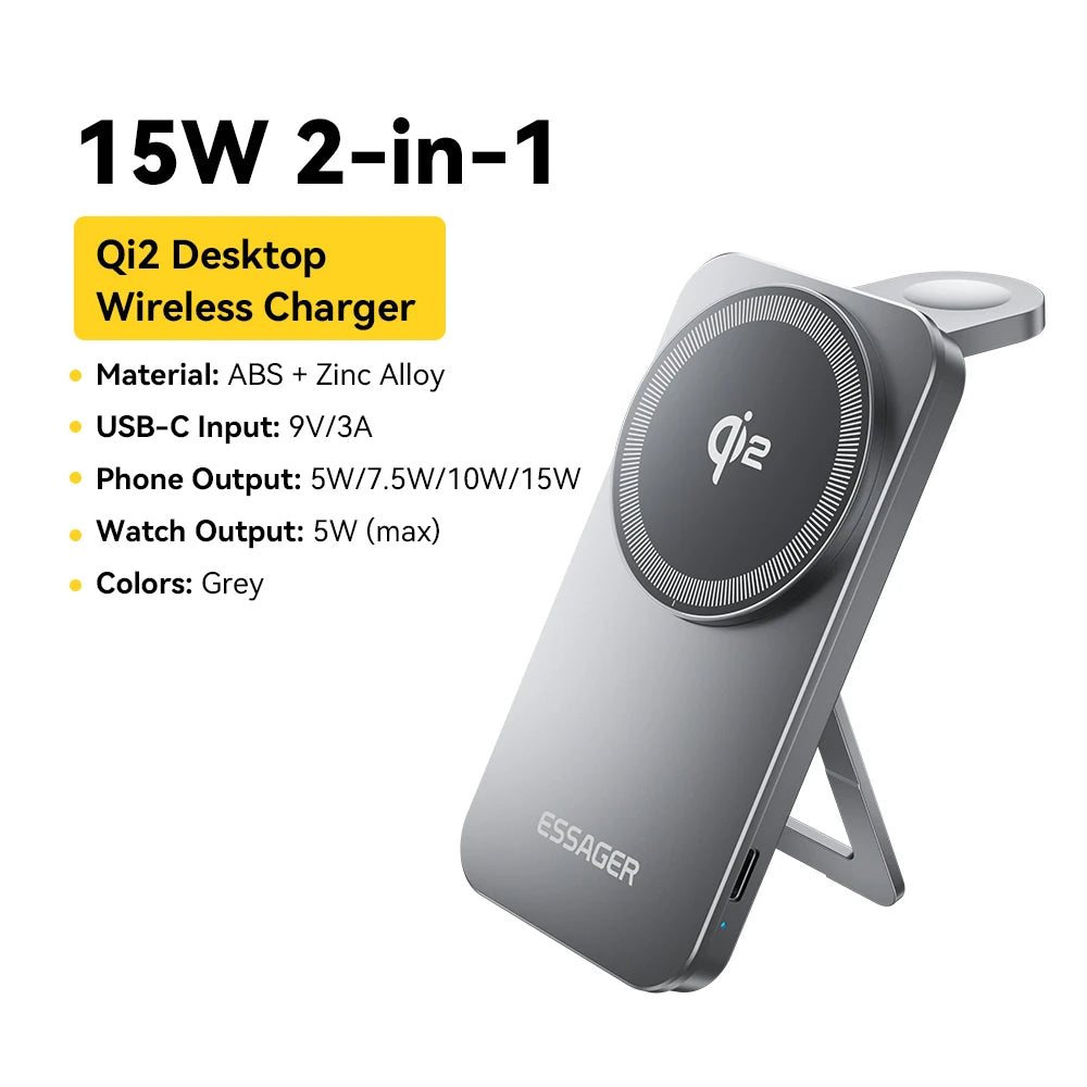EssayerQi2 Magnetic Wireless Charger Stand Pad For Magsafe iPhone 16 15 14 13 Airpods  iWatch Foldable Fast Charging Station