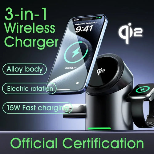 3-in-1 Qi2 Magnetic Wireless Charging Station with Touch Control – iPhone, Apple Watch & AirPods