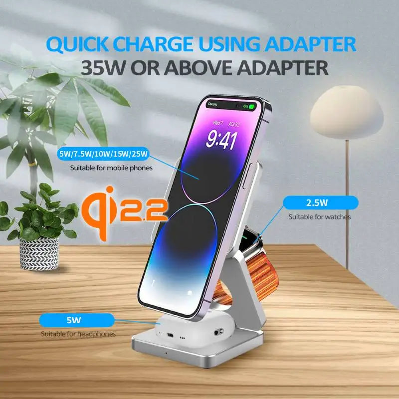 Qi1/Qi2.2 Foldable 3-in-1 Magnetic Wireless Charging Station for iPhone 12~17 Series AirPods iWatch Portable Travel Charger