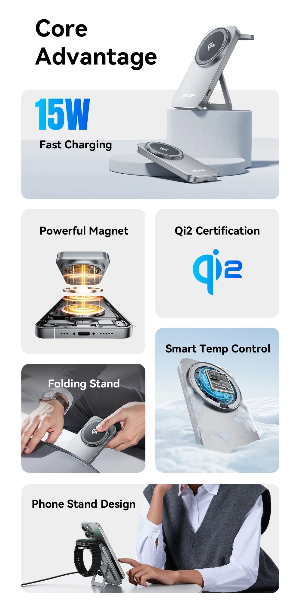 EssayerQi2 Magnetic Wireless Charger Stand Pad For Magsafe iPhone 16 15 14 13 Airpods  iWatch Foldable Fast Charging Station