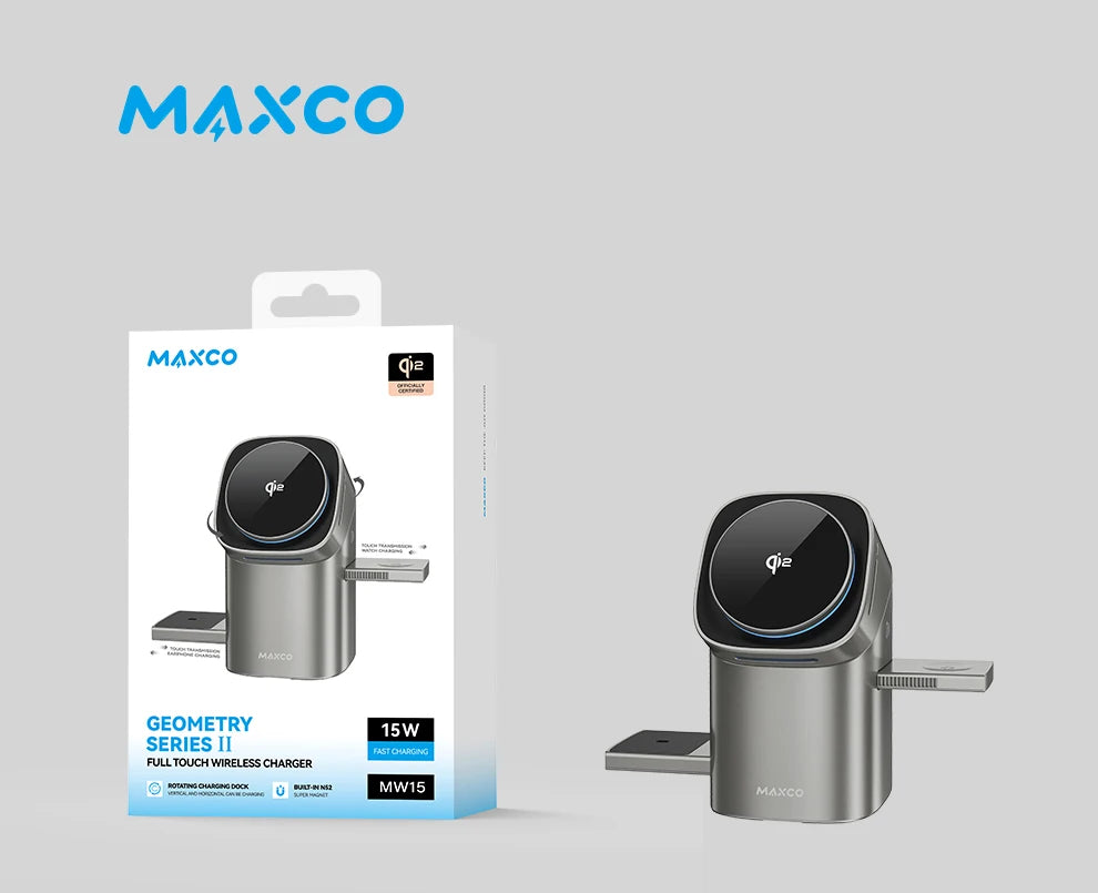 MAXCO Qi2 Magnetic Wireless Charger Fast Charger 3-in-1 Intelligent Fast Charging 15W for IPhone 15/16/17 for Iwatch & AirPods