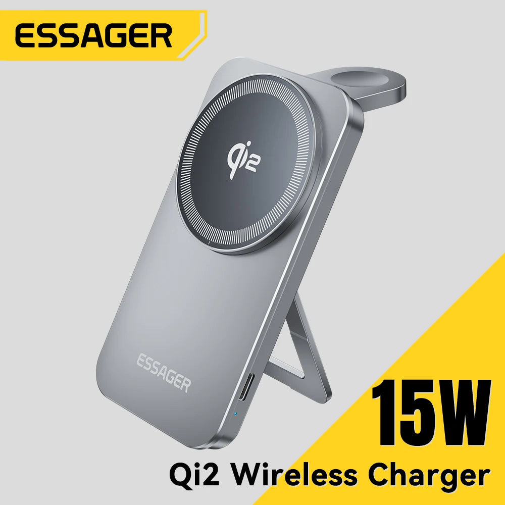 EssayerQi2 Magnetic Wireless Charger Stand Pad For Magsafe iPhone 16 15 14 13 Airpods  iWatch Foldable Fast Charging Station